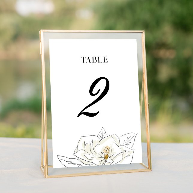 Tarjeta De Mesa Elegante Boda de Magnolia Blanca (Elegant Southern-inspired white magnolia illustration wedding table number cards.)
