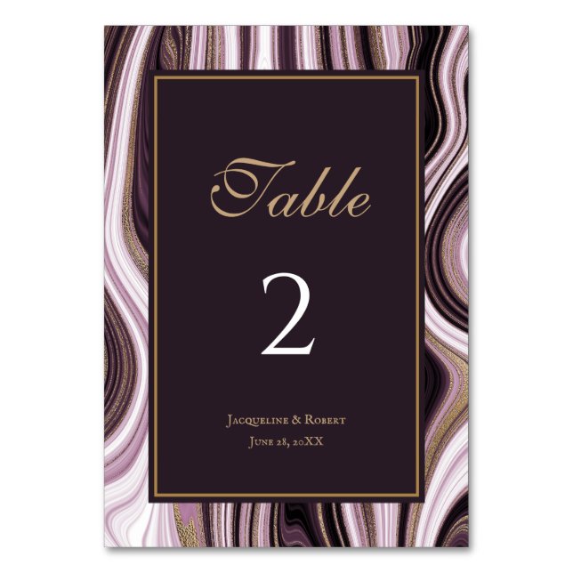 Tarjeta De Mesa Elegante Boda de Mármol Púrpura y Oro (Anverso)