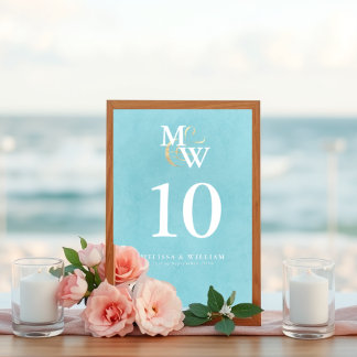Tarjeta De Mesa Elegante Boda de Monograma de Vidrio Marino