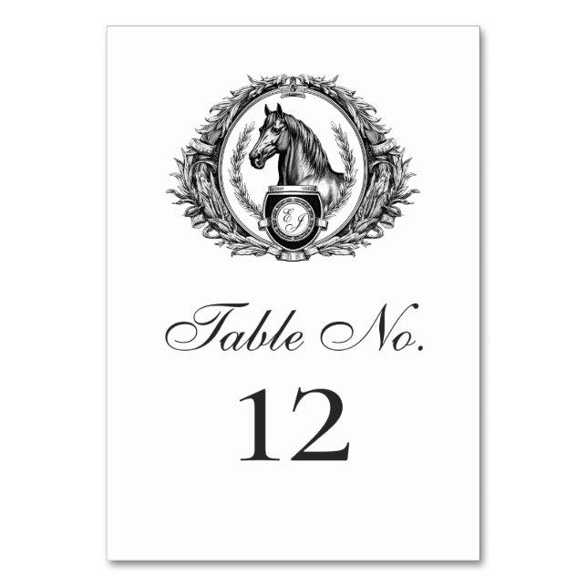 Tarjeta De Mesa Elegante Boda de Monograma Ecuestre Escudo (Anverso)
