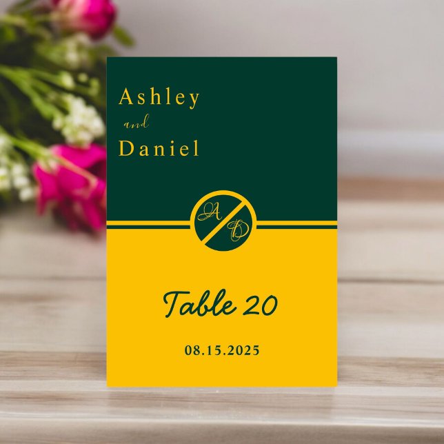 Tarjeta De Mesa Elegante Boda De Monograma Verde Y Oro De Lujo (Subido por el creador)