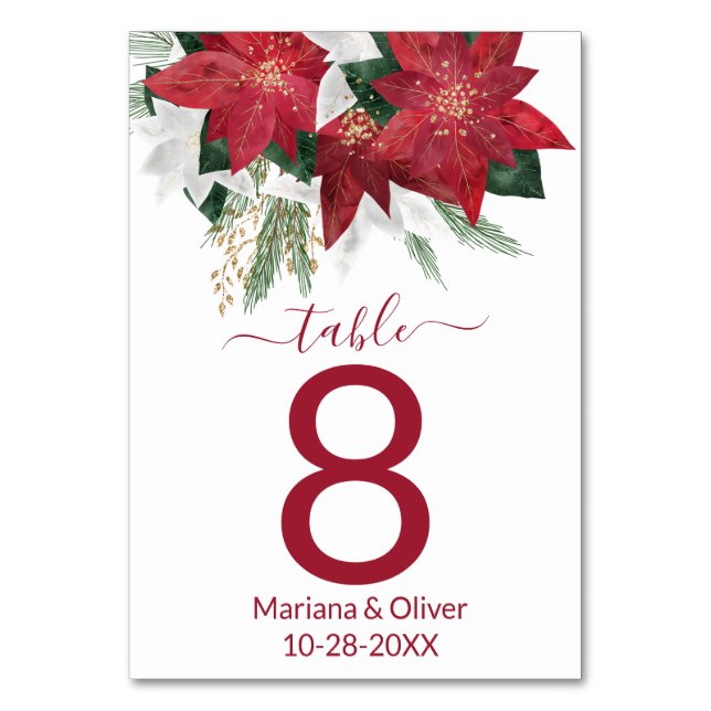 Tarjeta De Mesa Elegante Boda de Navidades de Poinsettia (Anverso)