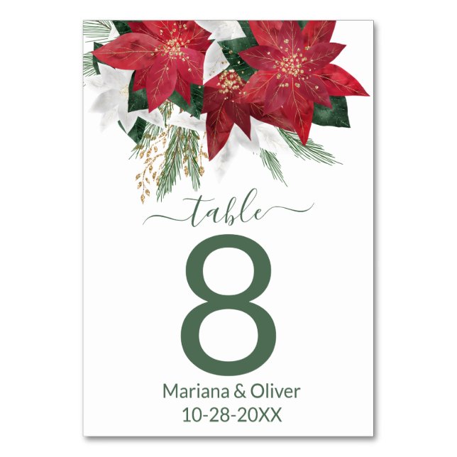 Tarjeta De Mesa Elegante Boda de Navidades verdes de Poinsettia (Anverso)
