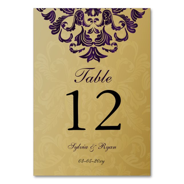 Tarjeta De Mesa Elegante Boda de oro púrpura (Anverso)