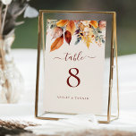 Tarjeta De Mesa Elegante Boda de otoño de hojas de otoño<br><div class="desc">El elegante número de la mesa Boda de otoño de las hojas de otoño presenta un hermoso ramo de hojas de otoño en roya,  amarillo,  oro,  mostaza,  marrón y morado.</div>