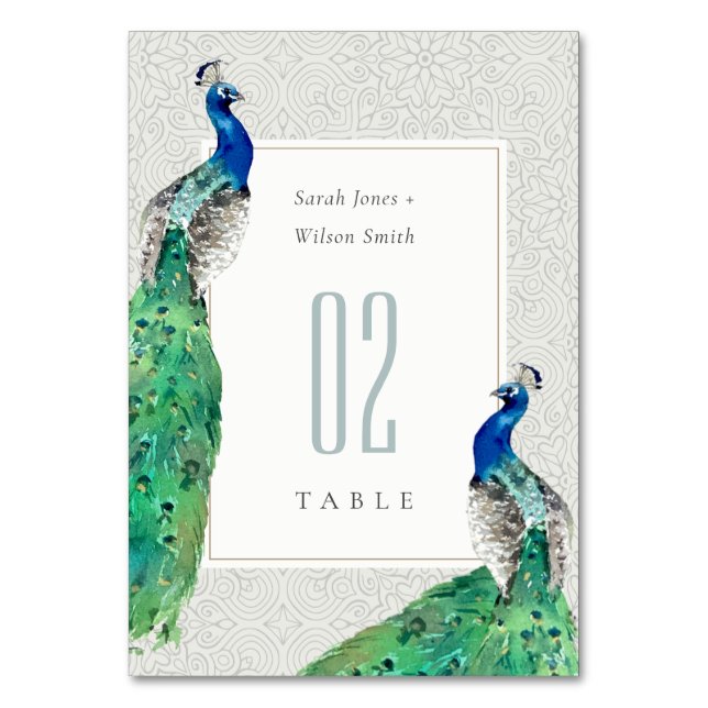Tarjeta De Mesa Elegante Boda de pavo real ornato elegante (Anverso)