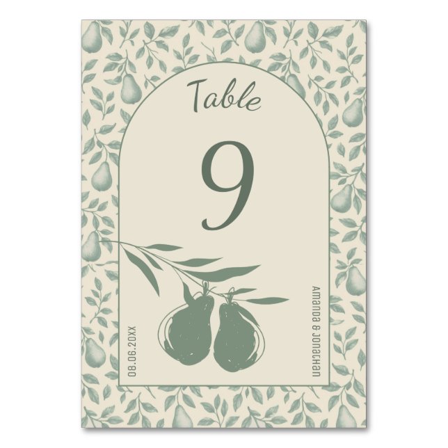 Tarjeta De Mesa Elegante Boda de Peras Verdes (Anverso)