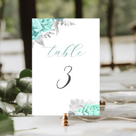 Tarjeta De Mesa Elegante Boda de Plata Floral Aqua