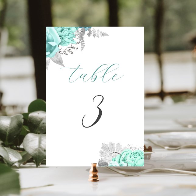 Tarjeta De Mesa Elegante Boda de Plata Floral Aqua (Subido por el creador)