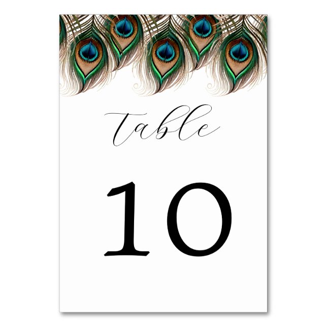 Tarjeta De Mesa Elegante Boda de plumas de pavo real (Anverso)