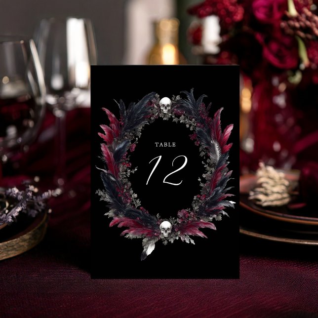 Tarjeta De Mesa Elegante Boda de plumas rojas góticas negras (Subido por el creador)