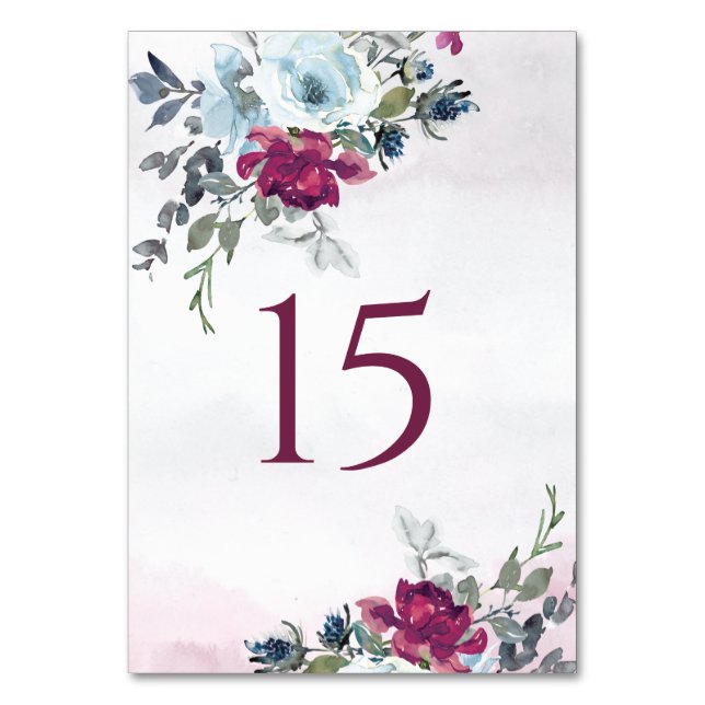 Tarjeta De Mesa Elegante Boda de Rosas blancos y azules de Borgoña (Anverso)