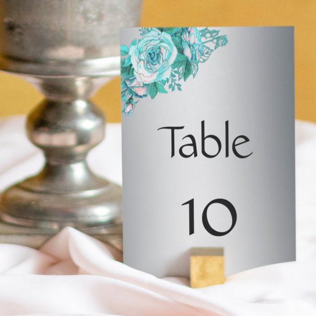 Tarjeta De Mesa Elegante Boda de Rosas de Plata y Aqua (Subido por el creador)