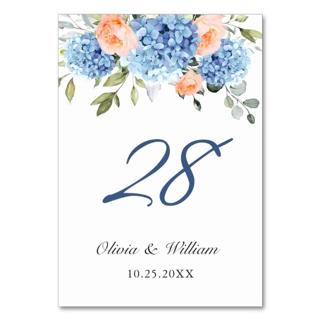 Tarjeta De Mesa Elegante Boda de Rosas de Rubor rosa Hydrangea azu (Anverso)