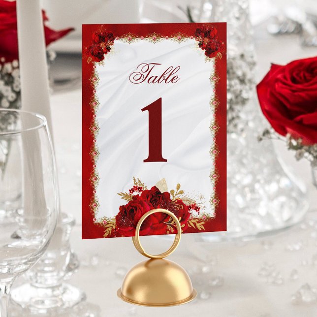 Tarjeta De Mesa Elegante Boda de rosas rojas blancas florales (Subido por el creador)