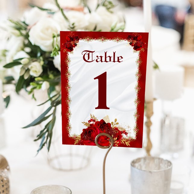 Tarjeta De Mesa Elegante Boda de Rosas Rojas de Oro Blanco (Subido por el creador)