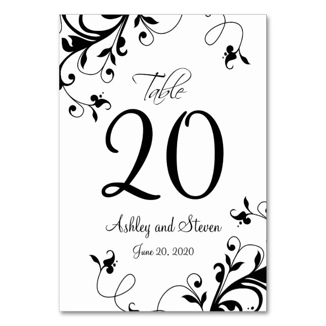 Tarjeta De Mesa Elegante Boda de Swirls Black White (Anverso)