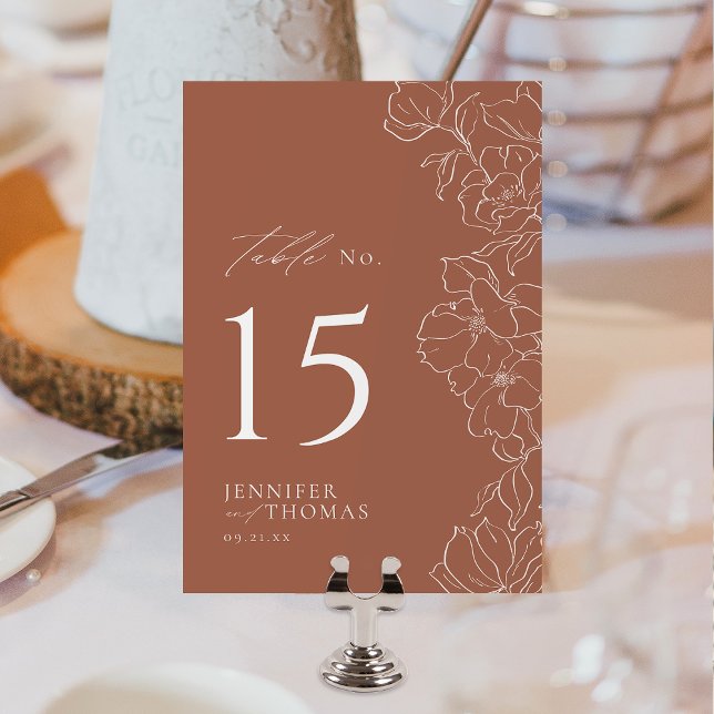 Tarjeta De Mesa Elegante boda de terracota floral dibujado a mano (Elegant hand drawn floral terracotta wedding Table Number)