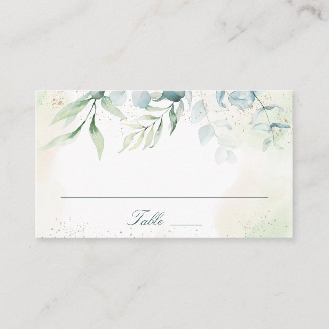 Tarjeta De Mesa Elegante Boda de vegetación de eucalipto verde azu (Anverso)