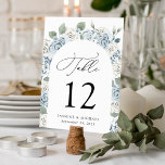 Tarjeta De Mesa Elegante Boda del Arco Floral Azul Dusty<br><div class="desc">Elegantes tarjetas bodas florales con el número de la mesa, sus nombres y la fecha boda dentro de un arco floral de polvorientas rosas azules y blancas, hortensias, exuberantes hojas de eucalipto y vegetación. Las polvorientas mesas de flores son perfectas para su boda de primavera o verano. Diseñado para coordinar...</div>