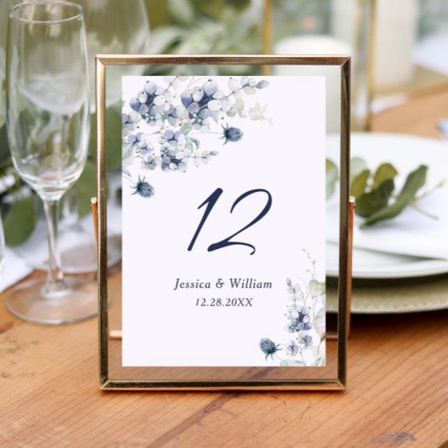 Tarjeta De Mesa Elegante Boda del Foliage de Invierno Azul Dusty (Subido por el creador)