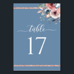 Tarjeta De Mesa Elegante Boda dorado azul turbio y Rosa<br><div class="desc">Elegante tarjeta de mesa floral con exquisito ramo de acuarela pintado a mano y elegante caligrafía moderna. Flores acuáticas mezcladas con rosa rosa,  marfil,  oro rosa,  azul polvoriento y verde sabio. Rayas brillantes de oro rosa superior e inferior. Parte de nuestra colección de bodas y eventos "Blissful Floral".</div>