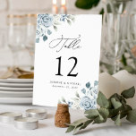 Tarjeta De Mesa Elegante Boda Dusty Blue Floral<br><div class="desc">Elegantes tarjetas bodas florales con el número de la mesa, nombres y fecha boda con ramos de rosas polvorientas azules y blancas, hortensias, exuberantes hojas de eucalipto y vegetación. Las polvorientas mesas de flores son perfectas para su boda de primavera o verano. Diseñado para coordinar con nuestra colección de bodas...</div>