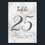 Tarjeta De Mesa Elegante Boda elegante de mármol blanco<br><div class="desc">Elegante y elegante número de tabla de Boda de mármol blanco con título en letra de escritura moderna gris con detalles en sans modernos grises fuente serif sobre fondo de mármol blanco.</div>