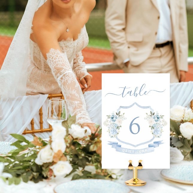 Tarjeta De Mesa Elegante Boda Escudo floral azul blanco (Subido por el creador)