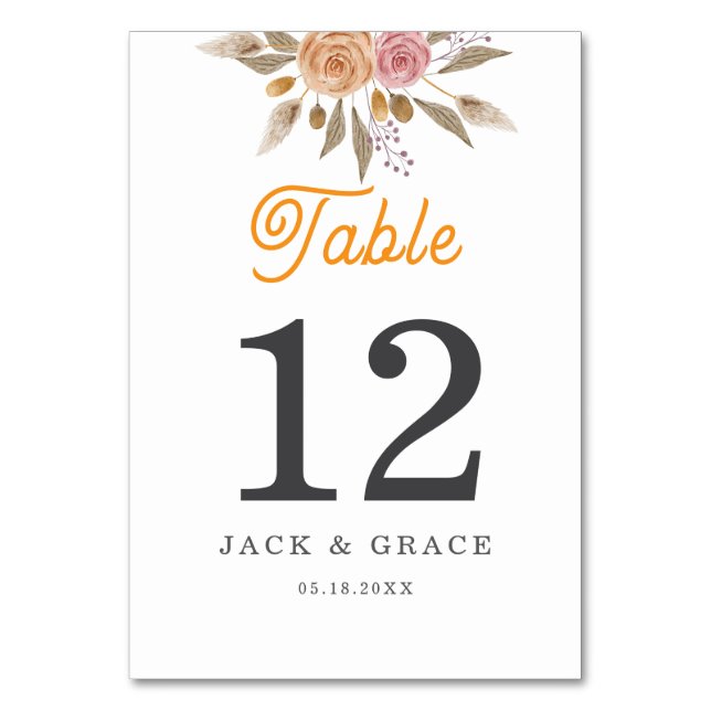 Tarjeta De Mesa Elegante Boda floral (Anverso)