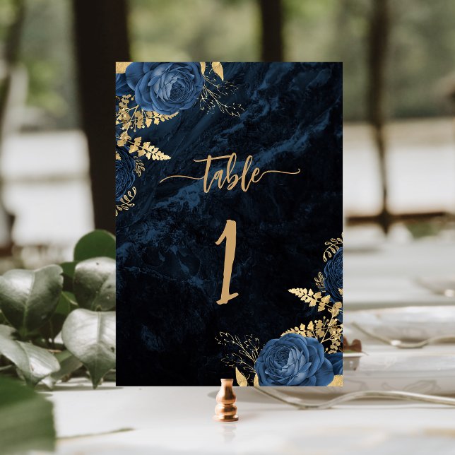 Tarjeta De Mesa Elegante Boda Floral Azul Marino Dorado (Subido por el creador)