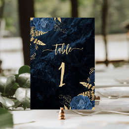 Tarjeta De Mesa Elegante Boda Floral Azul Marino Oro
