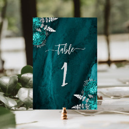 Tarjeta De Mesa Elegante Boda Floral Azul Teal Plateado