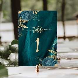 Tarjeta De Mesa Elegante Boda Floral Azul Turquesa y Oro