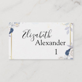 Tarjeta De Mesa Elegante Boda Floral Azul y Dorado