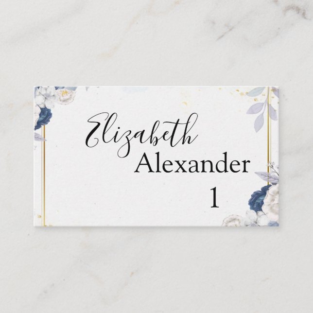 Tarjeta De Mesa Elegante Boda Floral Azul y Dorado (Anverso)