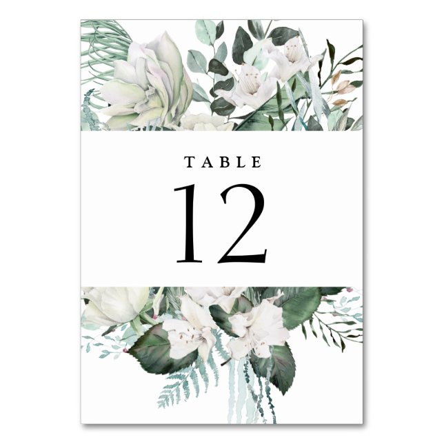 Tarjeta De Mesa Elegante Boda Floral Blanca Eucalyptus Greenery (Anverso)