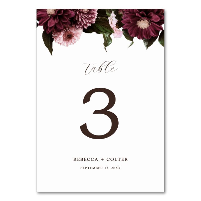Tarjeta De Mesa Elegante Boda floral blanco de Borgoña (Anverso)