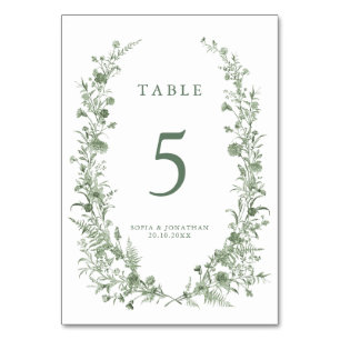 Tarjeta De Mesa Elegante Boda Floral Clásica Vintage Verde Salvia