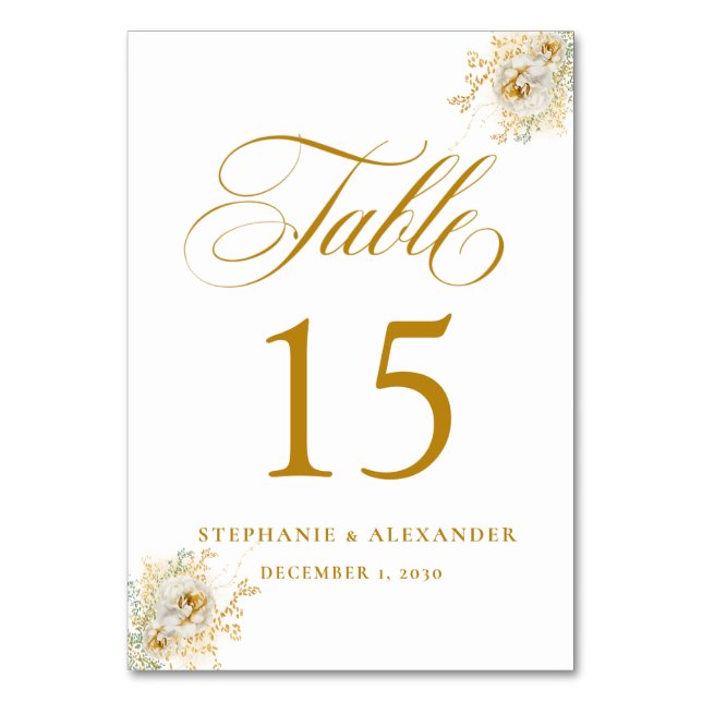 Tarjeta De Mesa Elegante Boda floral con guión dorado (Anverso)