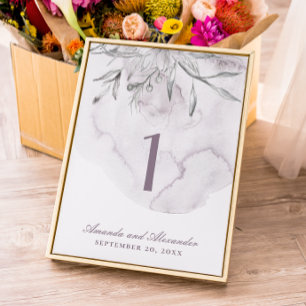 Tarjeta De Mesa Elegante boda floral de acuarela polvorienta púrpu