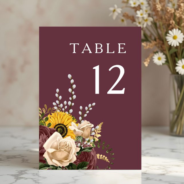 Tarjeta De Mesa Elegante Boda floral de Borgoña (Elegant Burgundy Floral Wedding Table Number)