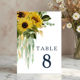 Tarjeta De Mesa Elegante boda floral de girasoles azul marino