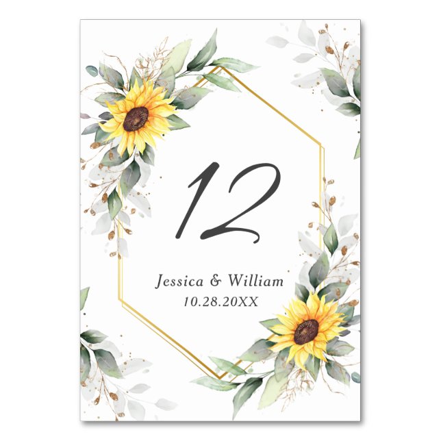 Tarjeta De Mesa Elegante Boda floral de girasoles verde (Anverso)