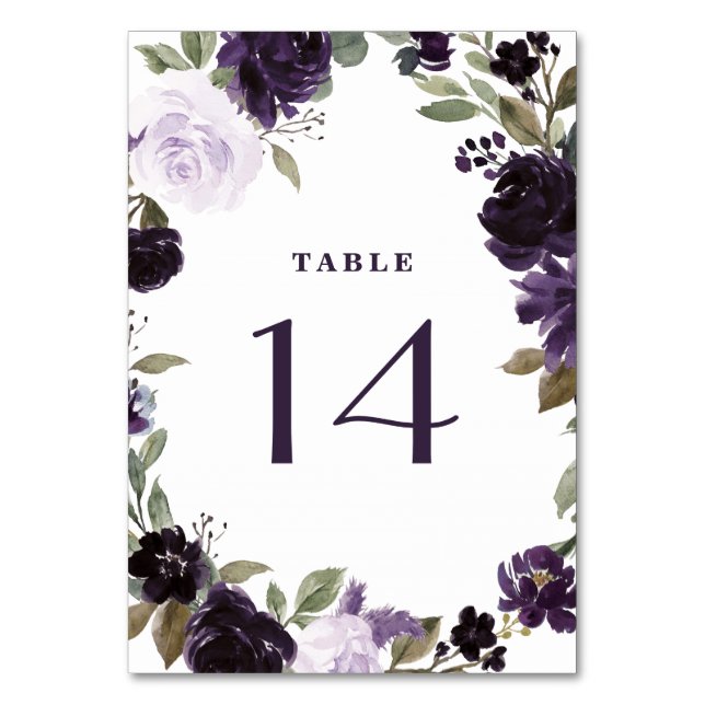 Tarjeta De Mesa Elegante Boda Floral de hojas verdes moradas y dor (Anverso)