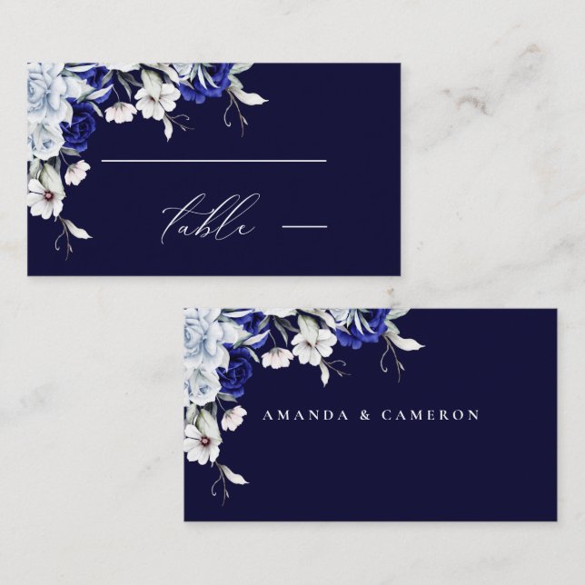 Tarjeta De Mesa Elegante Boda floral de la Marina Azul (Anverso / Reverso)