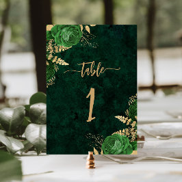 Tarjeta De Mesa Elegante Boda floral de oro verde esmeralda