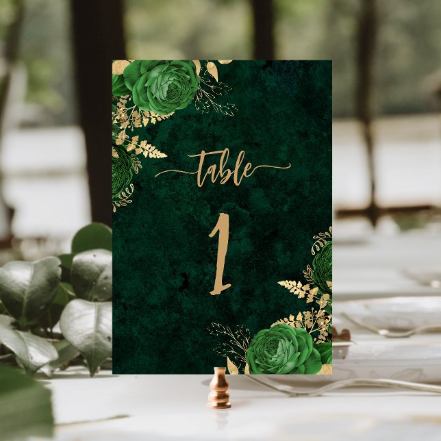 Tarjeta De Mesa Elegante Boda floral de oro verde esmeralda (Subido por el creador)