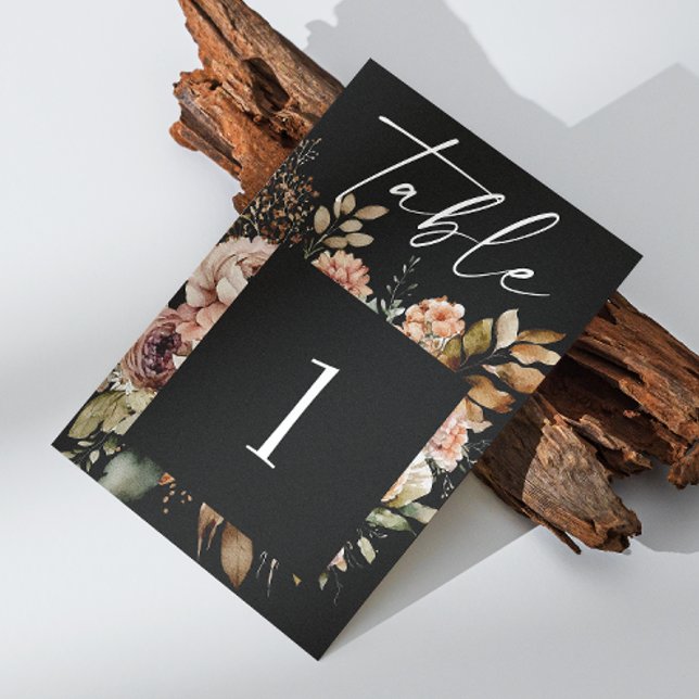 Tarjeta De Mesa Elegante Boda floral de otoño | Black Boho Romanti (Subido por el creador)