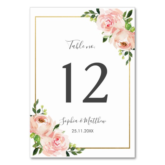 Tarjeta De Mesa Elegante Boda floral de Rubor (Anverso)